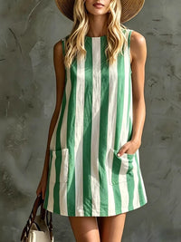 Minivestido Retro Sin Mangas con a rayas y escote redondo - Azul y Blanco