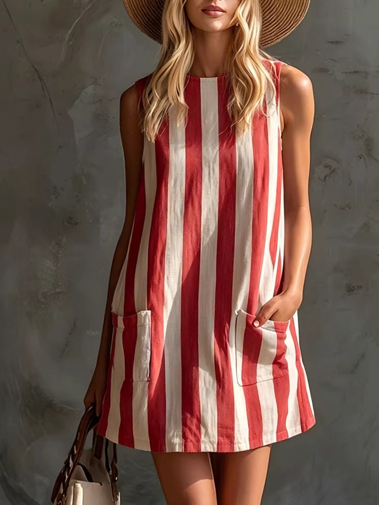 Minivestido Retro Sin Mangas con a rayas y escote redondo - Rosa y Blanco