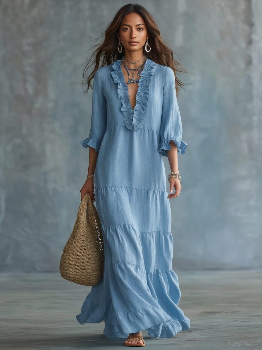 Vestido Largo Boho Azul con volantes - Azul