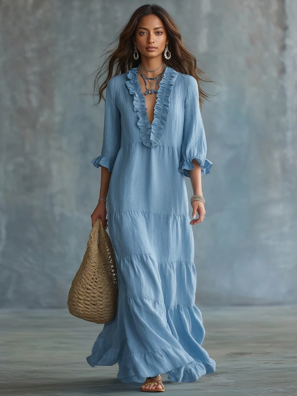 Vestido Largo Boho Azul con volantes - Azul