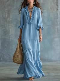 Vestido Largo Boho Azul con volantes - Azul