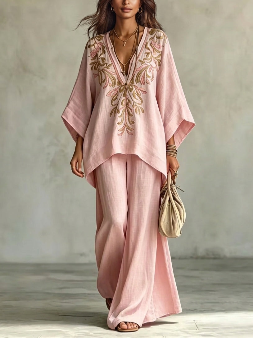 Conjunto de Dos Piezas Rosa Claro con bordado, manga murciélago y pierna ancha - Rosa Claro