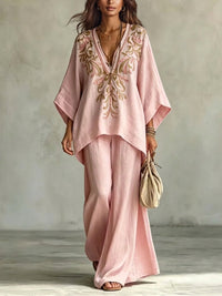 Conjunto de Dos Piezas Rosa Claro con bordado, manga murciélago y pierna ancha - Rosa Claro