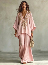 Conjunto de Dos Piezas Rosa Claro con bordado, manga murciélago y pierna ancha - Rosa Claro