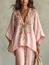 Conjunto de Dos Piezas Rosa Claro con bordado, manga murciélago y pierna ancha - Rosa Claro