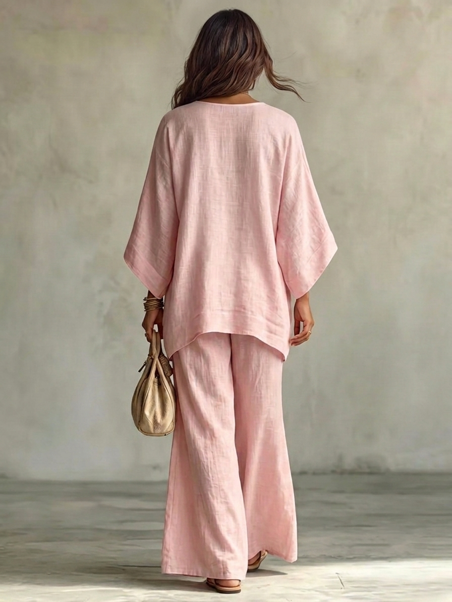 Conjunto de Dos Piezas Rosa Claro con bordado, manga murciélago y pierna ancha - Rosa Claro