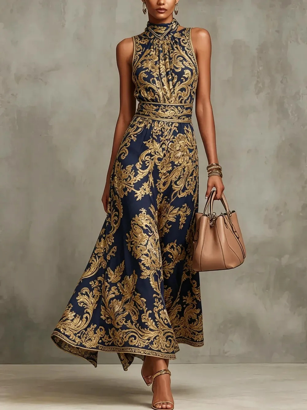 Vestido Largo Azul Marino Sin Mangas con escote halter y estampado - Azul Marino