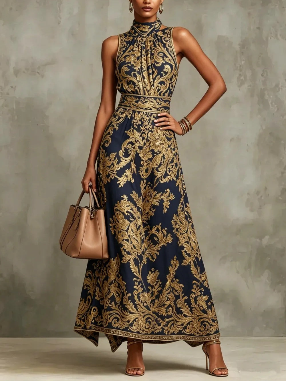 Vestido Largo Azul Marino Sin Mangas con escote halter y estampado - Azul Marino
