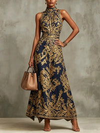 Vestido Largo Azul Marino Sin Mangas con escote halter y estampado - Azul Marino