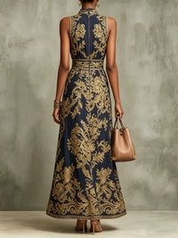 Vestido Largo Azul Marino Sin Mangas con escote halter y estampado - Azul Marino