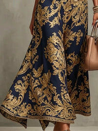 Vestido Largo Azul Marino Sin Mangas con escote halter y estampado
