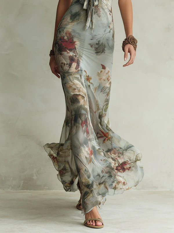 Vestido Estampado Retro Gris con estampado floral y escote halter - Gris