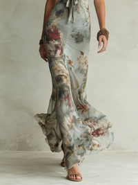 Vestido Estampado Retro Gris con estampado floral y escote halter - Gris