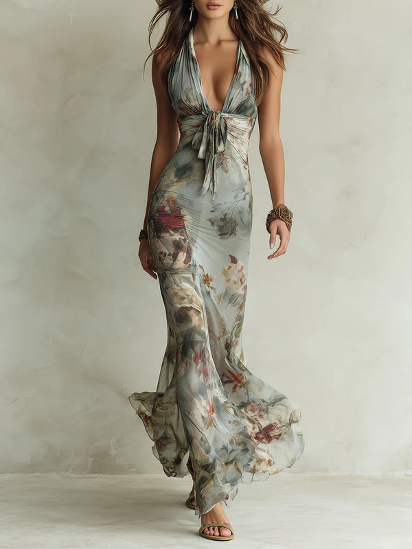 Vestido Estampado Retro Gris con estampado floral y escote halter - Gris