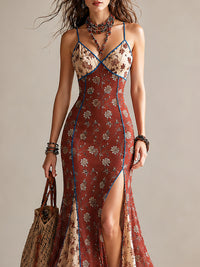 Vestido Estampado Rojo Óxido con estampado floral, gasa, abertura y tirantes finos - Rojo Óxido