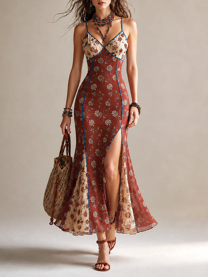Vestido Estampado Rojo Óxido con estampado floral, gasa, abertura y tirantes finos - Rojo Óxido
