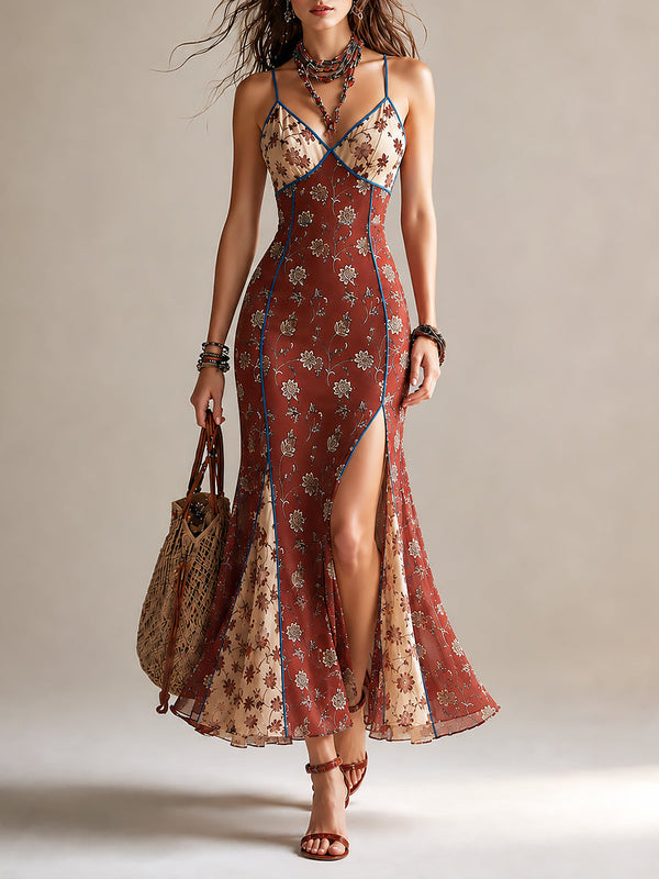 Vestido Estampado Rojo Óxido con estampado floral, gasa, abertura y tirantes finos - Rojo Óxido