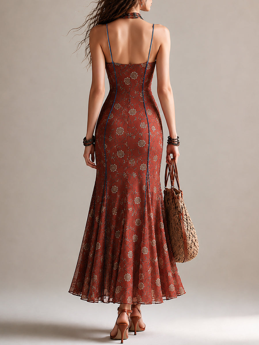 Vestido Estampado Rojo Óxido con estampado floral, gasa, abertura y tirantes finos - Rojo Óxido