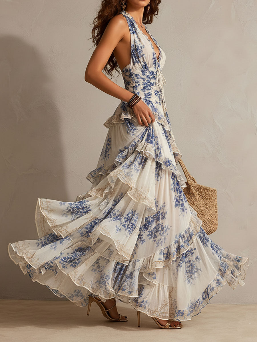Vestido Estampado Romántico Azul con estampado floral, escote halter y volantes - Azul