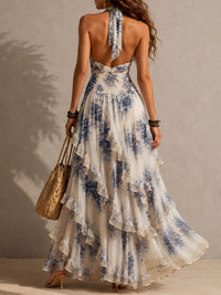 Vestido Estampado Romántico Azul con estampado floral, escote halter y volantes - Azul