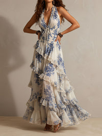 Vestido Estampado Romántico Azul con estampado floral, escote halter y volantes - Azul