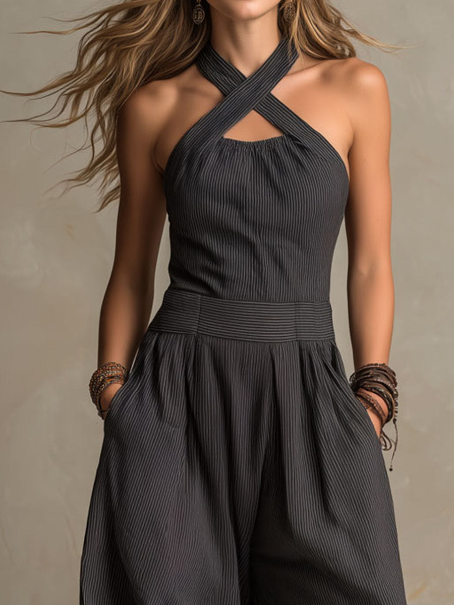 Mono Boho Gris Marengo con escote halter y pierna ancha - Gris Marengo