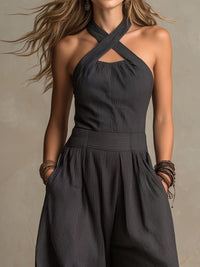 Mono Boho Gris Marengo con escote halter y pierna ancha - Gris Marengo