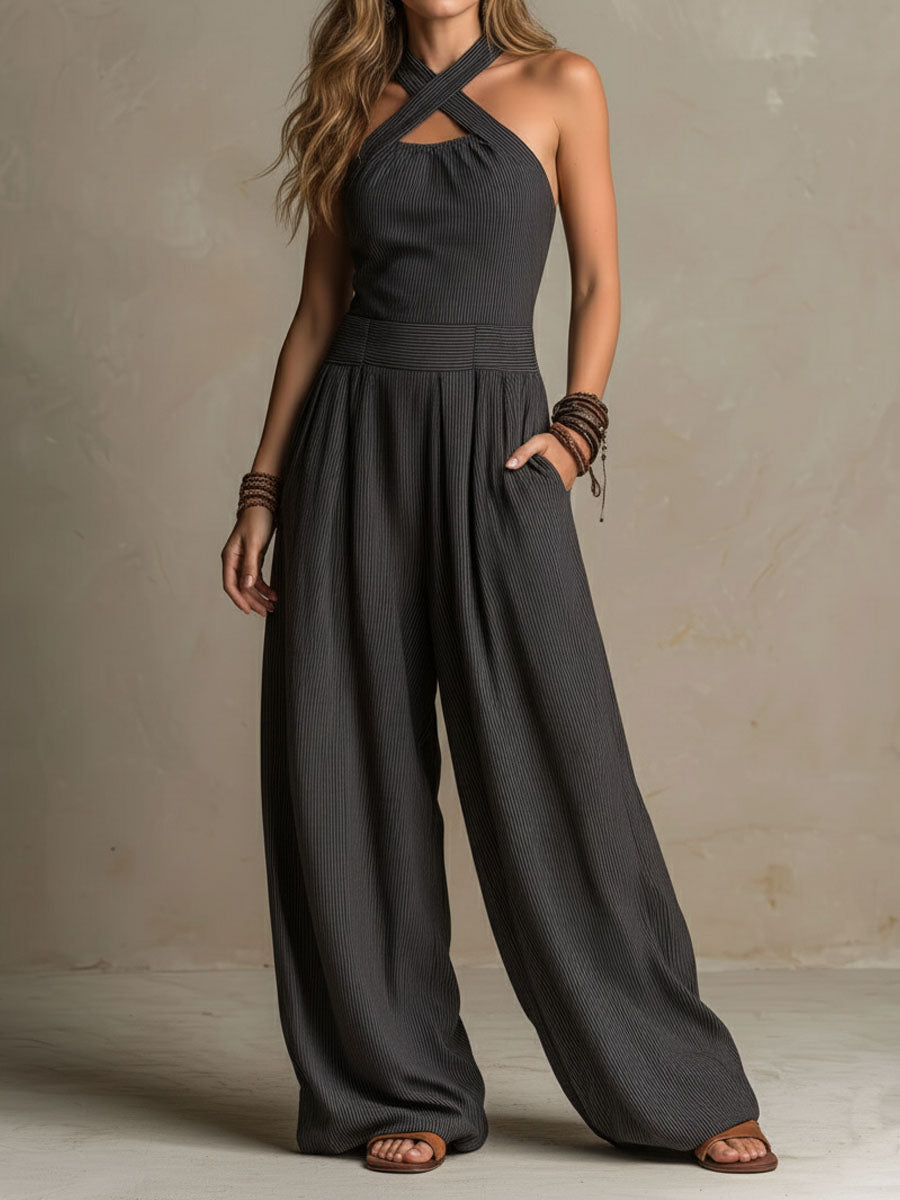 Mono Boho Gris Marengo con escote halter y pierna ancha - Gris Marengo