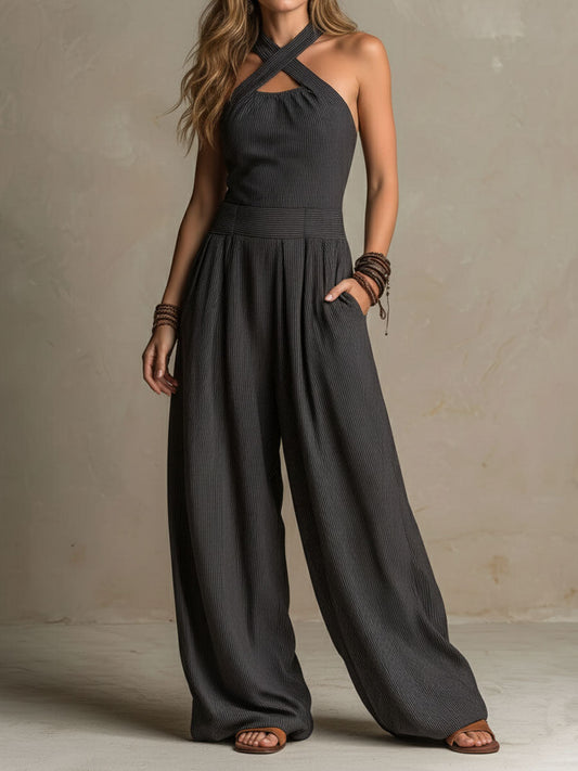 Mono Boho Gris Marengo con escote halter y pierna ancha - Gris Marengo