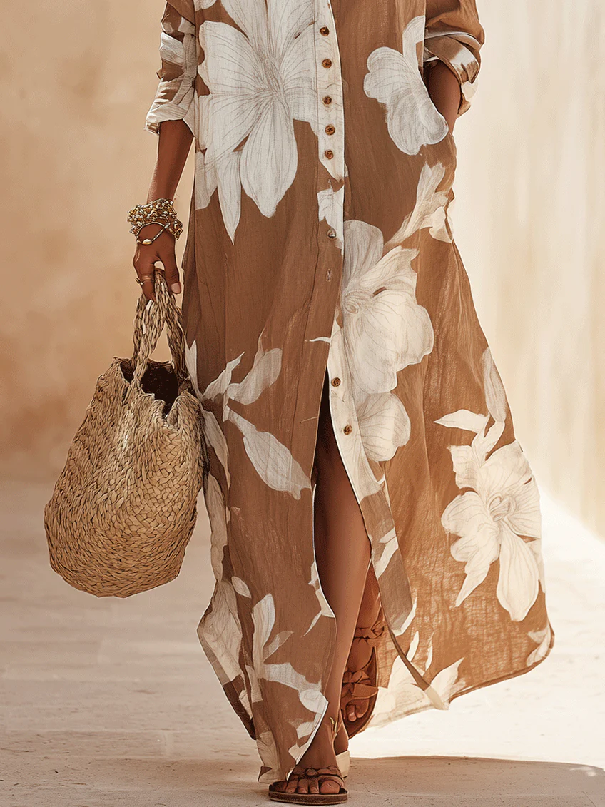 Vestido Camisero Vacaciones Marrón con estampado floral - Marrón