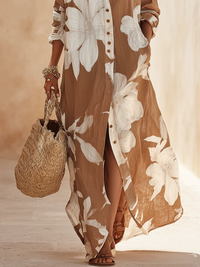 Vestido Camisero Vacaciones Marrón con estampado floral - Marrón