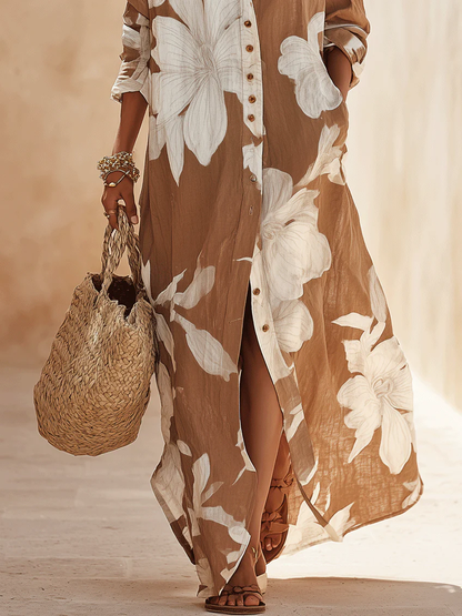 Vestido Camisero Vacaciones Marrón con estampado floral - Marrón