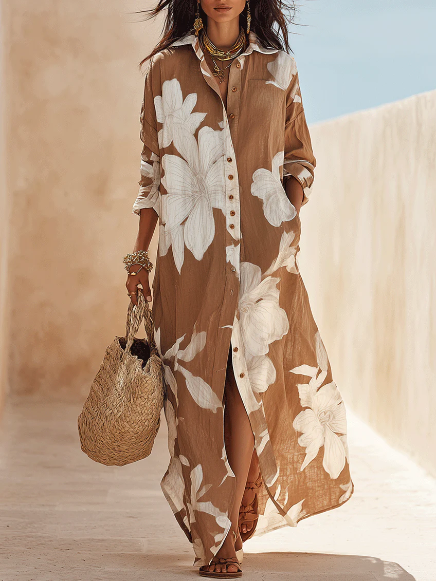 Vestido Camisero Vacaciones Marrón con estampado floral - Marrón