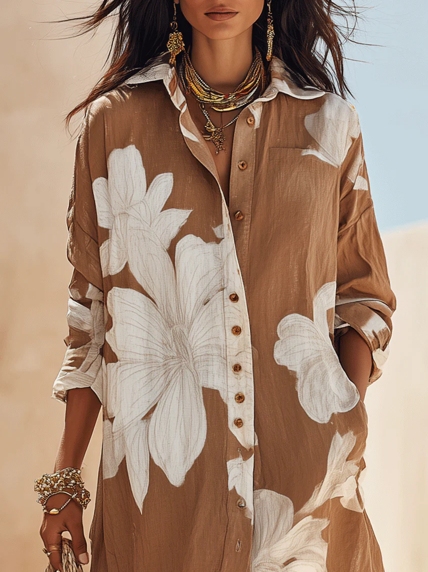 Vestido Camisero Vacaciones Marrón con estampado floral - Marrón