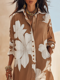 Vestido Camisero Vacaciones Marrón con estampado floral - Marrón