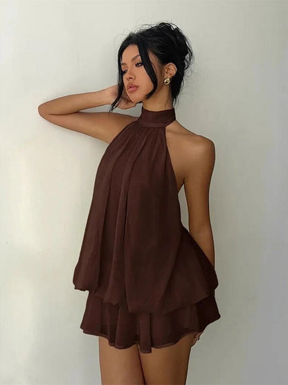 Minivestido con caída fluida, cruzado y por capas - Amarillo