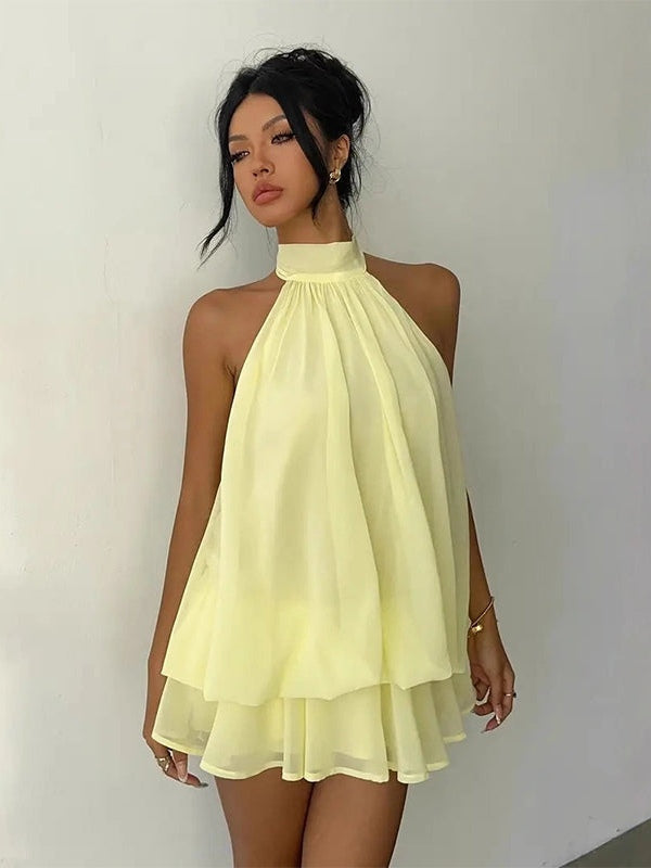 Minivestido con caída fluida, cruzado y por capas - Amarillo