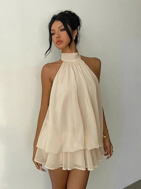 Minivestido con caída fluida, cruzado y por capas - Amarillo
