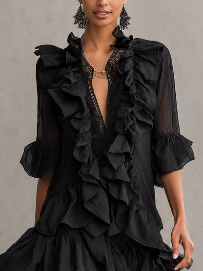Minivestido Negro con volantes, gasa y encaje - Negro