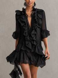 Minivestido Negro con volantes, gasa y encaje - Negro