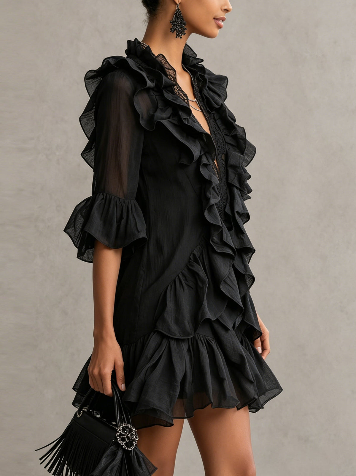 Minivestido Negro con volantes, gasa y encaje - Negro