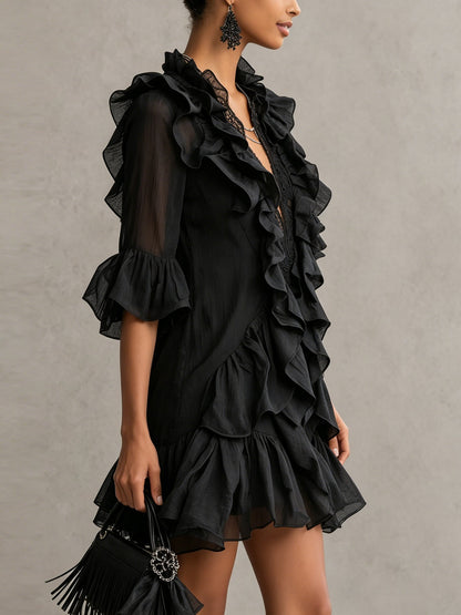 Minivestido Negro con volantes, gasa y encaje - Negro