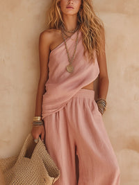 Conjunto Casual Sin Mangas con un solo hombro - Rosa
