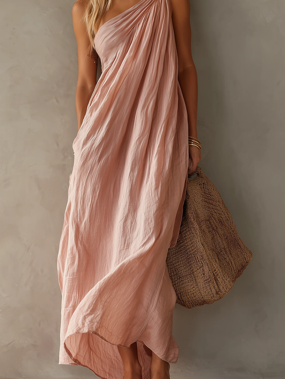 Vestido Largo Elegante Sin Mangas con un solo hombro - Rosa