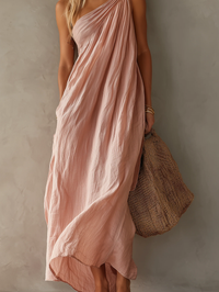 Vestido Largo Elegante Sin Mangas con un solo hombro - Rosa