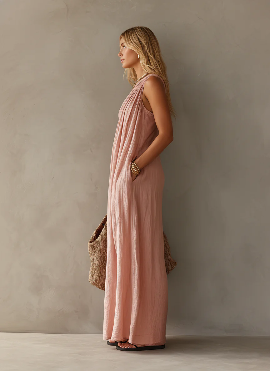 Vestido Largo Elegante Sin Mangas con un solo hombro - Rosa