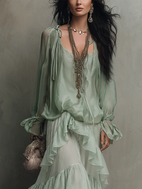 Conjunto de Falda Verde Menta con gasa, volantes y por capas - Verde Menta