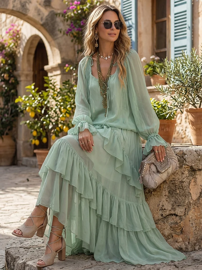 Conjunto de Falda Verde Menta con gasa, volantes y por capas - Verde Menta