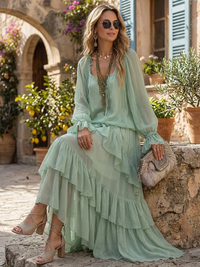 Conjunto de Falda Verde Menta con gasa, volantes y por capas - Verde Menta