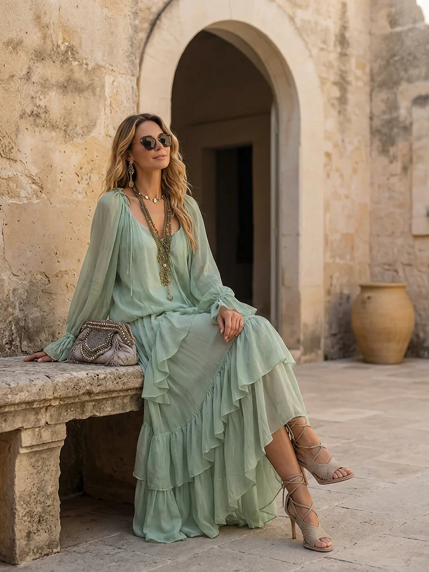 Conjunto de Falda Verde Menta con gasa, volantes y por capas - Verde Menta
